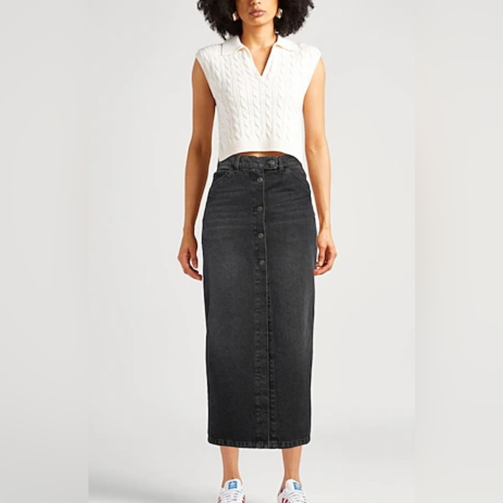 COURREGES PARIS Faded Black / Dark Grey Button Front Denim Midi Skirt FR 36/US 4